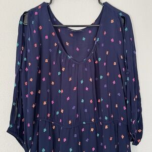 American Eagle Outfitters Women's L Shift Dress  Blue‎ Leaf Print Slit Sleeve
